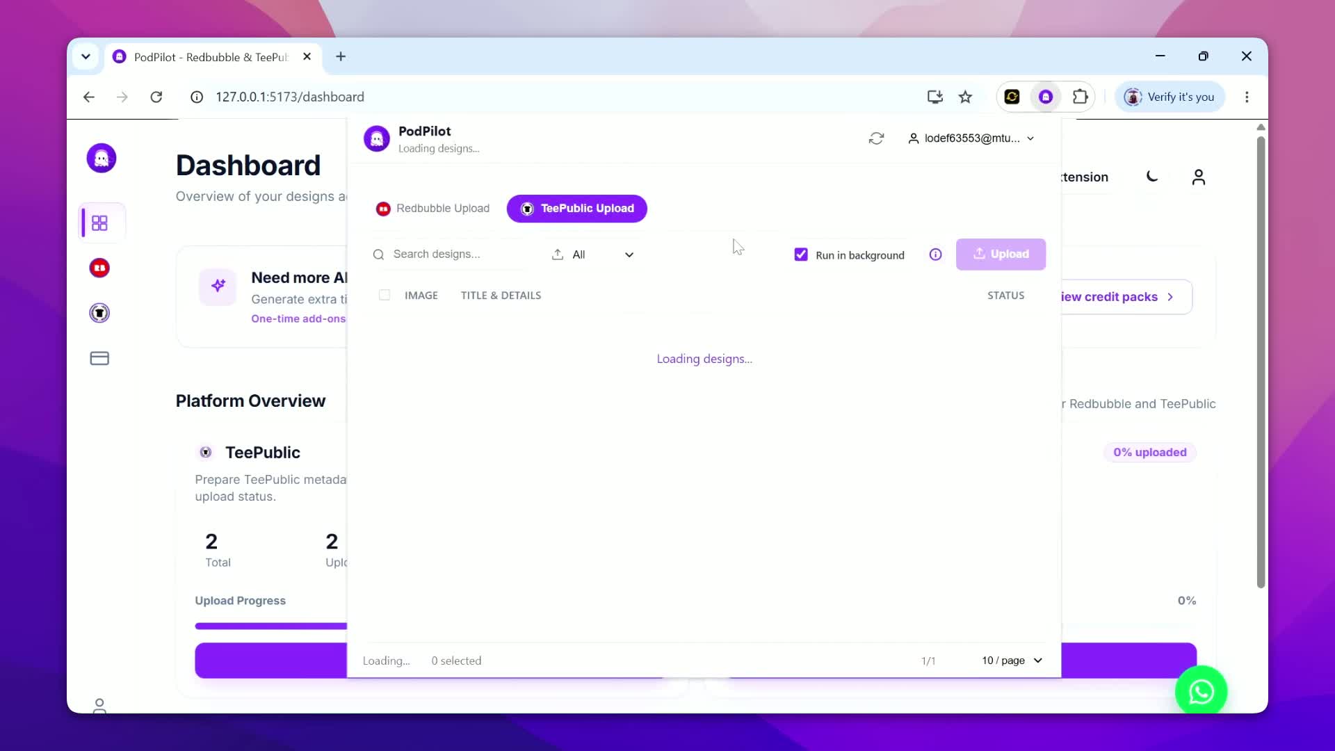 PodPilot TeePublic upload automation dashboard with the TeePublic upload workflow selected